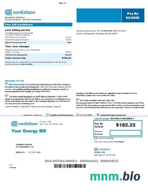 USA New York Conedison rachunek za usługi komunalne Word i szablon PDF, Wersja 2